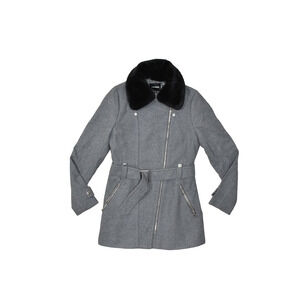 Express Women Gray Recycled Wool Blend Faux Fur Collar Belted Moto Coat Size S